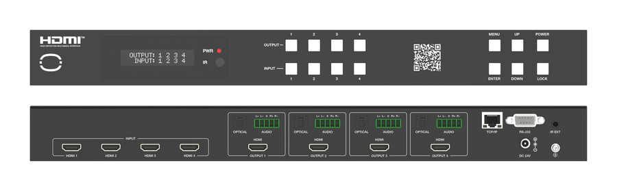 48Gbps 4×4 HDMI 2.1 Matrix Switcher with Per-Output Downscaling & Audio Breakout