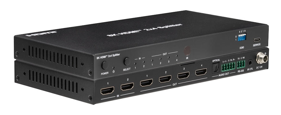 48Gbps 8K 2×4 HDMI Matrix Splitter with Independent Downscaling & Audio De-embedding